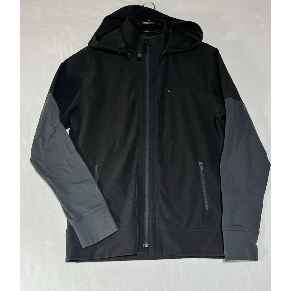 Zobha Mens Hooded Zip Jacket Size Large Black Gray Soft Shell Stretch Arms